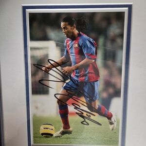 Ronaldinho Signed Barcelona Soccer Photo in Red and Blue Jersey, Certified